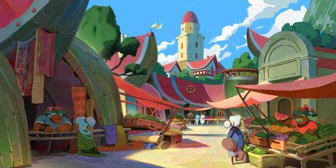 ArtStation - Watermelon Market, Florian Coudray Cartoon Village, Market Background, Village Market, Idle Game, Childhood Games, Cartoon Background, Prop Design, Animation Background, Visual Development