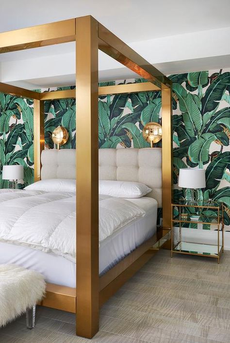 Moss Studio Luxe Canopy Bed Caribbean Bedroom, Mid Century Bedroom, Tropical Bedrooms, Gold Bed, Mid Century Modern Bedroom, Estilo Tropical, Decor Ikea, Tropical Home Decor, Bedroom Decor Inspiration