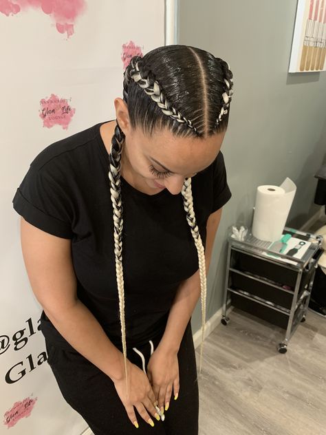 Three Dutch Braids, 2 Braid Hairstyles White Women, 2 Braids With Extensions, Hair Braiding Styles White Women, Feed In Dutch Braids, Long French Braids With Extensions, Braids With Undercut White, White Girl Braids Extensions, Boxer Braids With Extensions