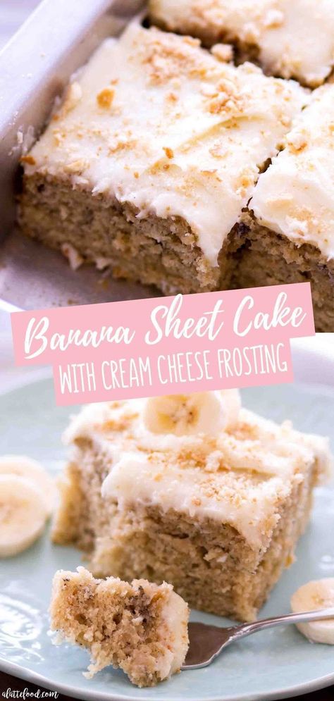 The best Banana Cake recipe begins with this recipe for an Easy Banana Sheet Cake with Cream Cheese Frosting! This old fashioned banana cake recipe is made with buttermilk, sour cream, butter and vanilla wafers! It's made entirely from scratch and is incredibly moist and fluffy. It's the perfect banana dessert for any time of the year! The homemade cream cheese frosting is to die for! #banana #cake #dessert #recipe #frosting Banana Sheet Cake, Best Banana Cake Recipe, Hello Cake, The Best Banana Cake, Banana Sheet Cakes, Best Banana Cake, Pan Desserts, Homemade Cream Cheese Frosting, Mouthwatering Desserts