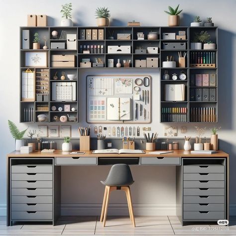 Hobby Room Design Art Studios, Artists Desk Workspaces, Art Studio Chair, Project Room Ideas, Dark Academia Craft Room, Hobby Room Ideas Layout, Industrial Art Studio, Workroom Ideas, Hobby Room Design