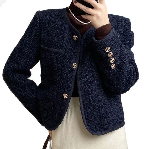 Navy Tweed Jacket Outfit, Winter Short Coat, Tweed Jacket Outfit, Blue Tweed Jacket, Winter Coat Short, Chanel Tweed Jacket, Winter Shorts, Navy Outfit, Navy Blue Jacket