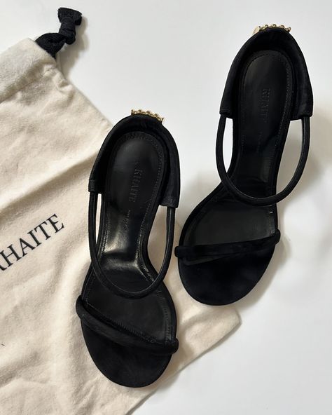 KHAITE Seigel Heel Sandal in Black Size 36 / US 6 Color Black Preloved Gently worn Suede upper with leather and rubber sole. Made in Italy. Gold-tone hardware at back. Approx 65mm/ 2.5 inch heel. Our Style No. KTAH-WZ91. Manufacturer Style No. F3057-726. 1562 Heel Sandal, 5 Inch Heels, Rubber Sole, Black Color, Sandals Heels, Gold Tones, Shoe Accessories, In Italy, Italy