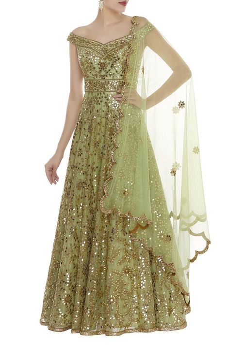 Off Shoulder Anarkali, Mirror Work Anarkali, Bridal Anarkali Suits, Kurta With Dupatta, Anarkali With Dupatta, Indian Wedding Lehenga, Choli Dress, Green Embroidery, Indian Gowns Dresses