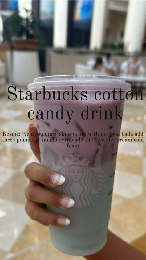 Cotton Candy Refresher Starbucks, Cotton Candy Starbucks Drink, Cotton Candy Starbucks, Starbucks Copycat Recipes Drinks, Cotton Candy Drinks, Starbucks Fall Drinks, Starbucks Drink Menu, Starbucks Secret Menu Recipes, Cold Starbucks Drinks