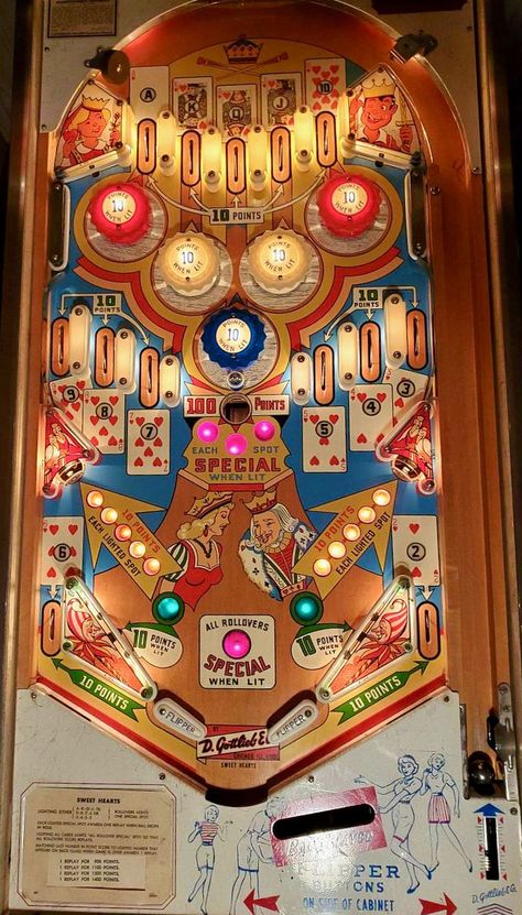 Gottlieb didn't make many pinball machines with five pop bumpers (Williams produced relatively more), but this is one of the few. I believe this was the final Gottlieb release with a playfield gobble hole, but it doesn't hurt so much if you've got one or more specials lit. Seen in the pinside.com Marketplace September 2021. Flipper Pinball, Pinball Art, Trucking Company, Pinball Game, Pinball Machines, Sweet Hearts, Point Light, York Pa, Free Play