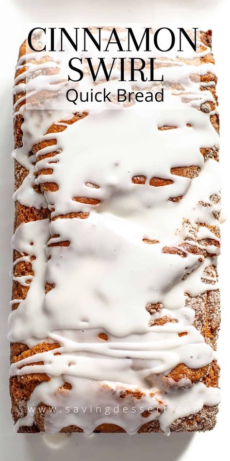 No mixer is required to make this moist and tender Cinnamon Swirl Quick Bread. It tastes like coffee cake and comes together in minutes. All you need is a whisk! This simple loaf cake is packed with deliciously thick swirls of cinnamon sugar. Don't skip the optional vanilla glaze for that extra something special. #quickbread #cinnamonloaf #cinnamoncake #cinnamonswirlquickbread #cinnamonquickbread #cinnamonswirlloaf Cinnamon Roll Bread Loaf, Apple Cinnamon Swirl Loaf, Cinnamon Breads, Cinnamon Loaf Recipe, Cinnamon Swirl Quick Bread, Cinnamon Loaf Bread, Fall Winter Desserts, Cinnamon Swirl Bread Recipe, Apple Bundt Cake Recipes