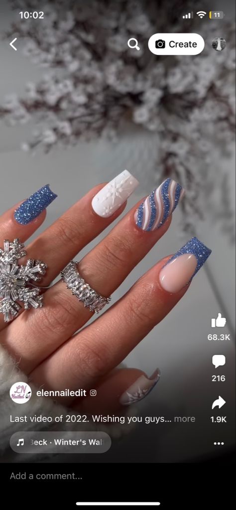 Winter Themed Nails, Blue Christmas Nails, Xmas Nail Designs, Winter Nails Gel, Blue And White Nails, Themed Nails, Blue Acrylic Nails, Winter Nails Acrylic, Christmas Gel Nails