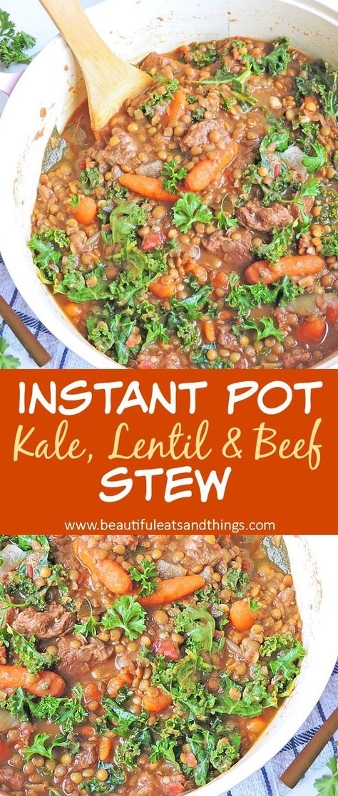 Kale Lentil and Beef Stew Instant Pot Kale, Beef Lentil Stew, Beef Stew Recipe Healthy, Beef Stew Instant Pot, Healthy Crockpot Beef Stew, Stew Healthy, Soup Recipes Healthy Crockpot, Beef Stew Healthy, Beef Stews