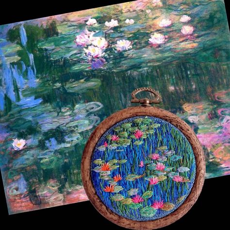 Hand Embroidery by PetitCercleArt. Inspired by Claude Monet the most famous paintings. #Waterlilies #ClaudeMonet #walldecor #petitcercleart Monet Embroidery, Embroidery Aesthetic, Landscape Embroidery, Circular Weaving, Claude Monet Water Lilies, Claude Monet Art, Floral Landscape, Most Famous Paintings, Monet Art