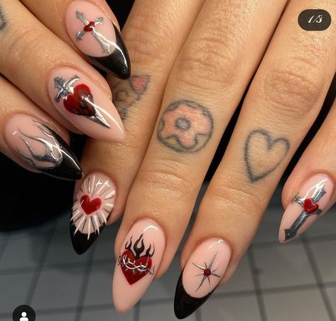 Spooky Christmas Nails, Funky Christmas Nails, Bookish Nails, Oct Nails, Gothic Christmas Nails, Alice Nails, Goth Nail Art, Etsy Nails, Red Nail Art Designs