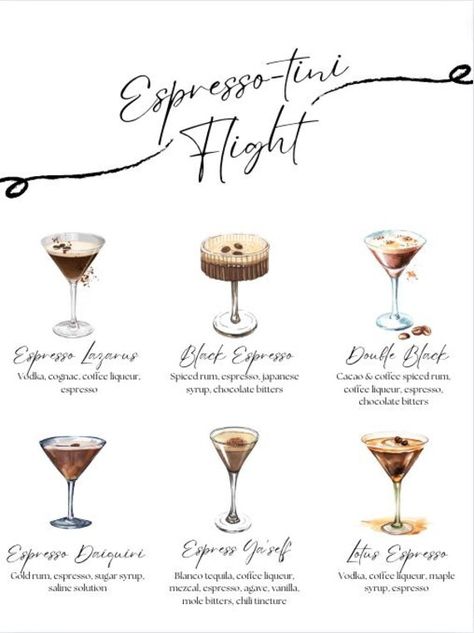 Espresso Martini's are the new hype! Enjoy this fully customizable espresso-tini flight cocktail menu for your next event! Or, if you're an espresso martini lover yourself, just print and frame for your kitchen decor. Tiramisu Martini Recipe, Espresso Martini Flight, Espresso Martini Party Decor, Expresso Martini Party, Martini Bday Party, Martini Bridal Shower Ideas, Espresso Martini Party Theme, Espresso Martini Bachelorette Theme, Espresso Martini Tower