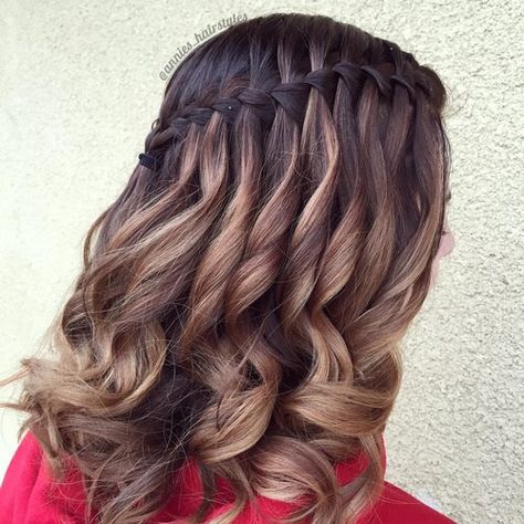 waterfall+braid+for+balayage+hair Chain Braids, Pretty Waterfall, Waterfall Braid Tutorial, Waterfall Braid Hairstyle, Waterfall Hairstyle, Balayage Long Hair, Braids Pictures, Waterfall Braids, Barrel Curls