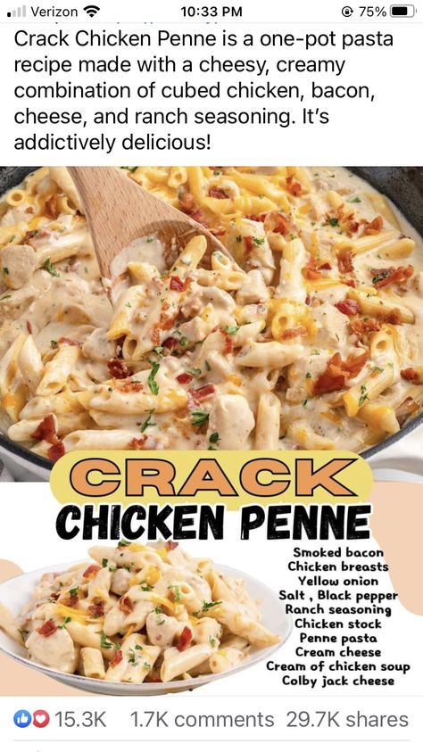 Chicken Bacon Cheese, Cubed Chicken, Chicken Penne, One Pot Pasta Recipes, Ranch Seasoning, Chicken Dishes Recipes, Bacon Cheese, Chicken Bacon, Easy Family Meals