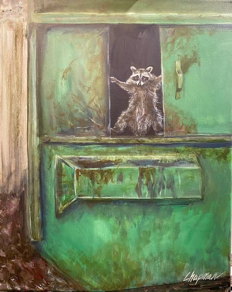 "Cute raccoon holding onto a dumpster door from the viral video. Artist signed, original acrylic painting, 16\" x 20\". High quality acrylic paint.  Click here to purchase acrylic or stretched canvas print: https://travischapmanart.etsy.com/listing/1481704120" Garbage Dumpster, Viral Video, The Door, Acrylic Painting