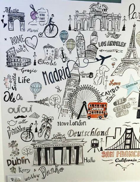 Doodle Mural, Travel Mural, Travel Themed Room, Travel Room, Doodle Wall, Travel Wall Decor, Travel Crafts, Room Wall Painting, Wall Painting Decor