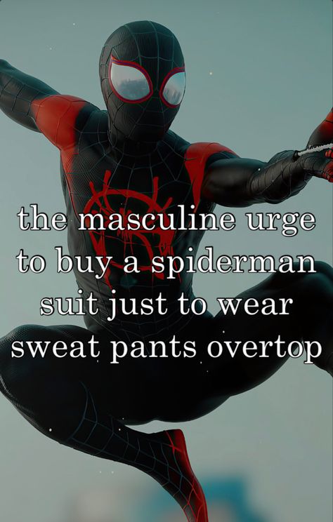 Spiderman In Sweatpants, Spiderman Sweatpants, Spiderman Suits, Spiderman Comic, Grey Sweatpants, Just Do It, Spiderman, Do It, Sweatpants