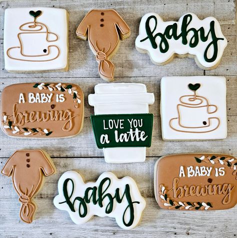 Baby brewing cookies for a coffee lovers baby shower. Shipped individually bagged. Coffee Baby Shower, Baby Sprinkle Decorations, November Baby Shower, Baby Bash, December Baby, Baby Is Brewing, Cherry Baby, Baby Event, Sprinkle Baby Shower