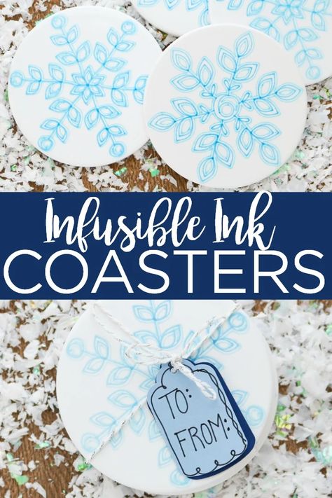 How to Make Infusible Ink Ceramic Coasters - Angie Holden The Country Chic Cottage Circuit Coasters, Cricut Coasters, Winter Coasters, Circut Joy, Infusible Ink Pens, Creative Coasters, Cricut Engraving, Craft Nook, Cricut Mugs