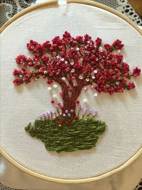 Embroidery Tree, Embroidered Tree, Spring Embroidery, Knot Embroidery, French Knot Embroidery, Redwork Embroidery, Wool Embroidery, French Knot, In Full Bloom