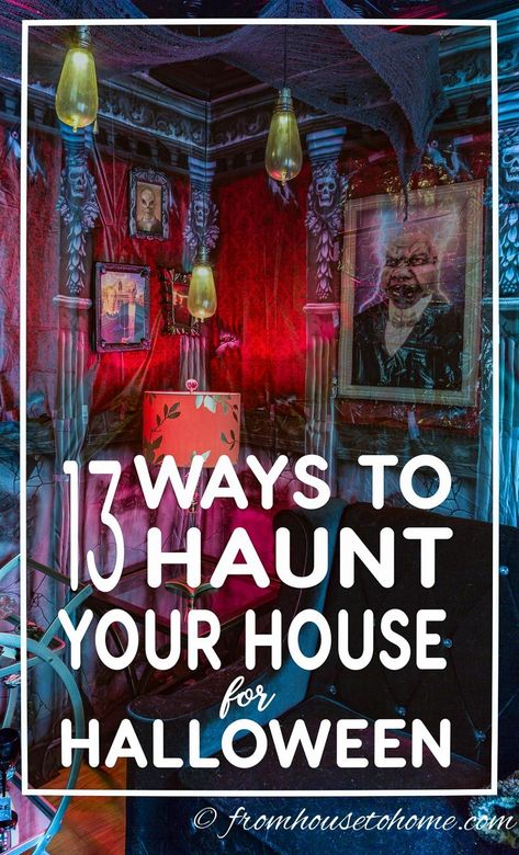 Want to haunt your house for Halloween? Try these GREAT ideas that will make your house look spooky. #fromhousetohome  #halloweenindoordecor #makeyourhouselookhaunted #halloweendecoratingideas Halloween Haunted House Ideas, Haunted House Ideas, Halloween Bottle Labels, Spooky Pictures, Animated Halloween Props, Halloween Haunted House Decorations, Halloween Entertaining, Haunted House Decorations, Halloween Haunted House