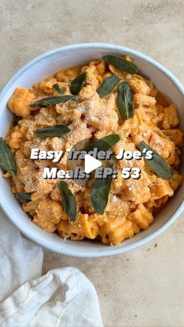 Jordan Zelesnick on Instagram: "🥁 Drumroll please....may I present to you episode 53 of Easy Trader Joe’s Meal, featuring a cozy Autumnal Pasta with Crispy Sage 🍝 ✨Ingredients✨ 1 jar TJs autumnal pasta sauce 1 cup cottage cheese TJs zucchette pasta Fresh sage Olive oil ✨Instructions✨ 1. Cook the Zucchette Pasta according to the package instructions until al dente. Drain and set aside. 2. In a blender or food processor, combine the entire can of Trader Joe’s Autumnal Harvest Soup with the low-fat cottage cheese. Blend until smooth and creamy. You can add a little salt and pepper to taste, but keep in mind that the soup might already contain some seasoning. 3. In a large skillet, heat the olive oil over medium-high heat. Add the fresh sage leaves and fry them until they become crispy, abou Trader Joe’s Fall Zucchette Pasta, Trader Joes Fall Zucchette Pasta Recipe, Trader Joes Autumnal Harvest Pasta Sauce Recipes, Trader Joe’s Pumpkin Shaped Pasta, Zucchette Pasta, Autumn Pasta, Autumn Pasta Recipes, Harvest Soup, Fall Pasta