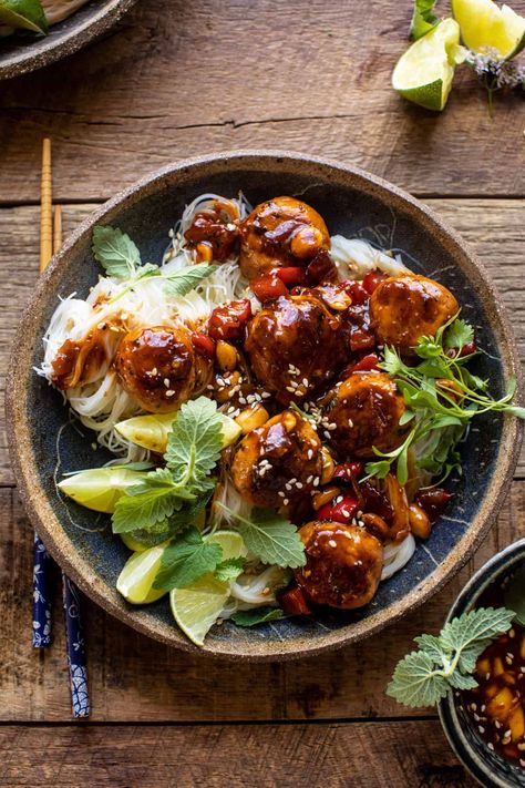 30 Minute Sticky Thai Meatballs with Sesame Noodles | halfbakedharvest.com Half Baked Harvest Gluten Free, Thai Meatballs, Canh Chua, Half Baked Harvest Recipes, Sesame Noodles, Honey And Soy Sauce, Coconut Aminos, Harvest Recipes, Half Baked