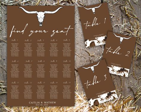 Guide your guests to their seats in true Western style with our Western Wedding Seat Chart and Table Numbers! Elevate your special day with our beautifully crafted seat assignment sign template that perfectly captures the rustic charm of a Western wedding. Our editable seating chart allows for effortless customization, ensuring your guests find their spots with ease. Accompanied by our stunning rustic wedding table number signs, your reception will exude elegance and cowboy flair. Country Wedding Seating Chart, Western Seating Chart, Cowboy Wedding Ideas, Cowhide Wedding, Western Wedding Decor, Seat Chart, Western Wedding Decorations, Photo Table Numbers, Western Weddings