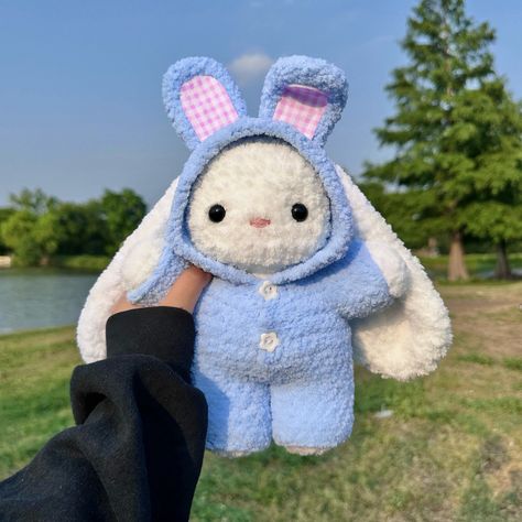 blue bunny onesie 🐰🩵 available on my etsy 🫧 made using my onesie bunny pattern ☁️ tags 🏷️ #crochet #crochetbunny #amigurumi #amigurumibunny #crochetplushie #crochetplush #handmadeplush #bunnyplush Onesie Crochet Pattern Free, Crochet Bunny With Clothes, Free Crochet Bunny Pattern, Crochet Patterns Plushies, Crocheted Bunnies, Blue Amigurumi, Crochet Onesie, Bunny Onesie, Quick Crochet Projects