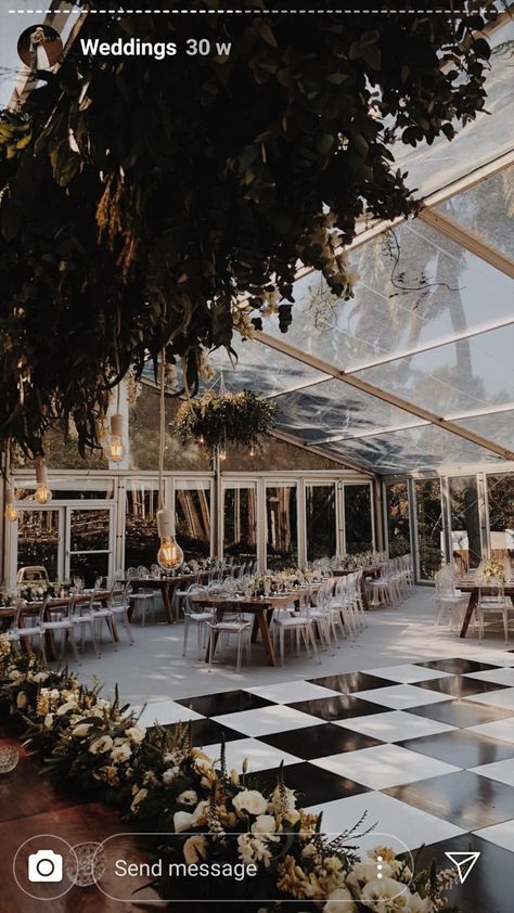 Wedding Flooring Ideas, Tent With Flooring Wedding, Checkers Dance Floor, Garden Style Wedding Florals, Backyard Tent Wedding Reception Dance Floors, Wedding Table Settings With No Plates, White And Black Dance Floor, Wedding Inspo Modern Romantic, Bar Wedding Aesthetic