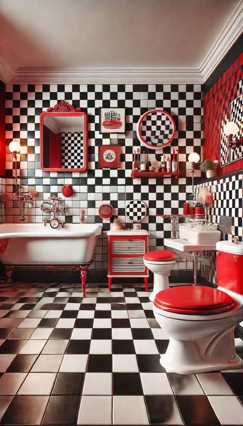 15+ Dramatic Red and Black Bathroom Designs for Daring Decorators 47 Black White Red Bathroom, Weird Bathrooms, Red Bathroom Decor Ideas, Red And Black Bathroom, Red Bathroom Aesthetic, Black Bathrooms, Black Bathroom Ideas, Future Mansion, Mansion Decor