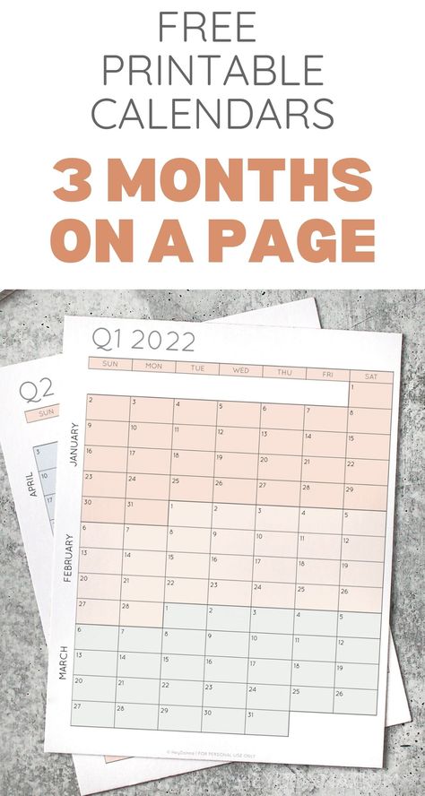 Free printable quarterly calendars for 2022 - Quarterly layout with 3 months on each page. Includes 1 page quarterly calendar option. 3 Month Calendar 2023, Quarterly Calendar 2023, Monthly Goal Planner Printable Free, Free Desk Calendar Printable, Quarterly Goals Free Printable, Month On One Page Free Printable, A5 Calendar Printable Free, Quarterly Planning Template, Printable Family Calendar