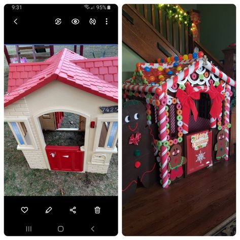 Playhouse into gingerbread house Gingerbread House Out Of Playhouse, Turn Playhouse Into Gingerbread House, Play House Gingerbread House, Playhouse Into Gingerbread House, Gingerbread Playhouse Diy, Playhouse Gingerbread House, Gingerbread Scene, Prek Gingerbread, Christmas Playhouse