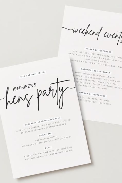 A two page bachelorette party invitation that can be edited using the Canva application Hens Invite, Hen Party Invitations, Classy Hen Party, Hens Party Themes, Itinerary Invitation, 23 Birthday, White Hen, Hens Party Invitations, Hens Party