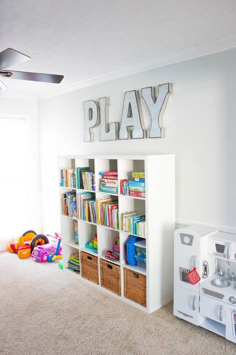 Home Tour: The Play Room White Bookshelf, Modern Playroom, White Bookshelves, Kids Playroom Decor, Childrens Playroom, Book Shelves, Play Space, Gifts For Coffee Lovers, Organization Kids