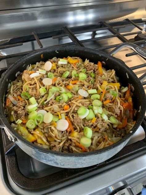 Cooking Panda Egg Roll Ramen Skillet, Egg Roll Ramen, Ramen Skillet, Cabbage And Carrots, Cooking Panda, Chow Mein Noodles, One Dish Dinners, Coleslaw Mix, Egg Roll