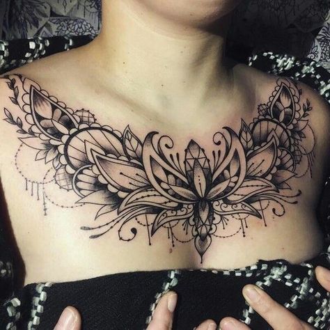 Mandala Chest Tattoo Female, Lotus Flower Chest Tattoo, Chest Tattoo Stars, Chest Piece Tattoos For Women, Vacation Tattoos, Mandala Chest Tattoo, Chest Tattoo Designs Female, Chest Neck Tattoo, Afro Tattoo