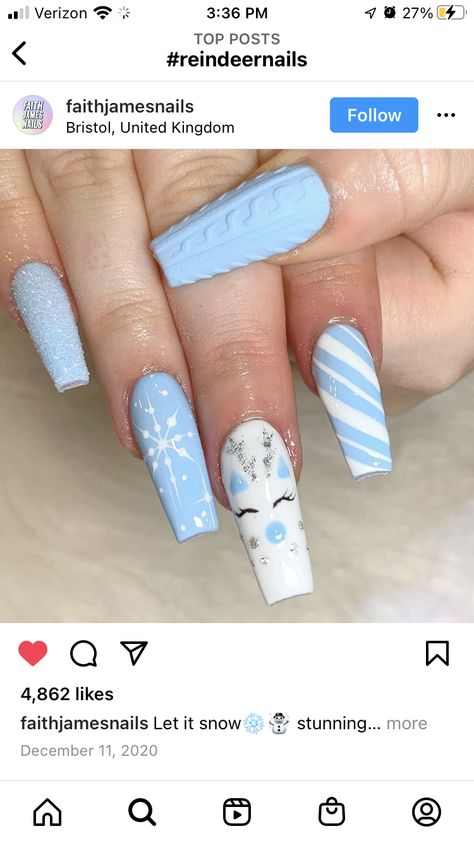 Ongles Baby Blue, Olaf Nails, Christmas Nail Designs Acrylic, Blue Christmas Nails, Light Blue Nails, Baby Blue Nails, Christmas Mix, French Manicure Nails, Blue Acrylic Nails