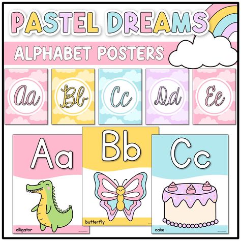 These pastel dreamy alphabet posters are perfect for your rainbow, happy classroom decor. The printable alphabet posters have the designs - simple colors with pictures, cloud background and lined background. Simply print and hang to makeover your classroom! These include regular print and cursive font with pictures and without pictures. ☁️ Pastel Dreams Bundle COMING SOON! What's Included: - Manuscript (primary) Alphabet Posters - 3 designs - Cursive Alphabet Posters - 3 designs - Editable Alpha Pastel Letters Printable, Pastel Classroom Theme, Calm Classroom Decor, Lined Background, Happy Classroom, Pastel Classroom, Calm Classroom, Cloud Background, Classroom Banner