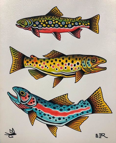 Danny Reed on Instagram: “Appalachian Trout First painting of 2020.  #hotstufftattoo #crookedcreekholler #flyfishing” Chile Ristra Tattoo, Fish Flash Tattoo, American Traditional Fish Tattoo, Traditional Trout Tattoo, American Traditional Fish, Rainbow Trout Tattoo, Traditional Nature Tattoo, Cool Traditional Tattoos, Fish Tattoo Traditional