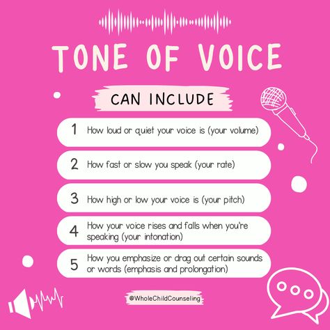 Being able to understand and use an appropriate tone of voice can make social interactions easier, avoid confusion, and encourages understanding. Tone of voice can include: ❤️ How loud or quiet your voice is (your volume) 🧡 How fast or slow you speak (your rate) 💛 How you emphasize or drag out certain sounds or words (emphasis and prolongation) 💚 How high or low your voice is (your pitch) 💙 How your voice rises and falls when you’re speaking (your intonation) Learn more on the blog! How To Have An Attractive Voice, Tone Of Voice Activities, Your Tone Of Voice Matters, How To Make Your Voice Higher, How To Speak More Softly, How To Change Your Voice Tone, Voice Therapy Exercises, How To Change Your Voice, How To Speak Softly