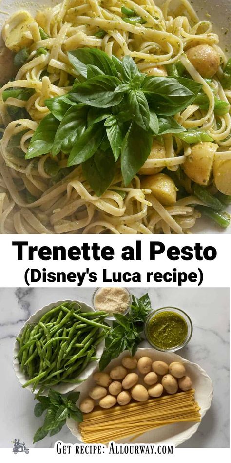 A collage featuring the Trenette al Pesto recipe and the ingredients needed to make it with a title overly. Trenette Al Pesto Recipe, Spaghetti Pesto Recipe, Luca Pasta, Trenette Al Pesto, Beans And Potatoes, Healthy Appetizers Easy, Green Pasta, Homemade Pasta Recipe, Pasta Al Pesto