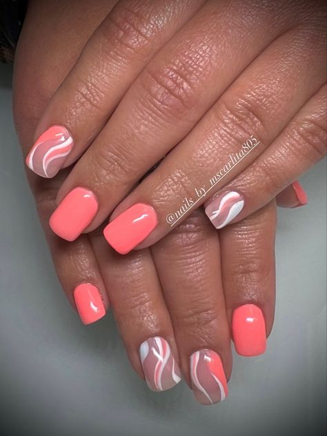 Peach nails, swirl nails Coral White Nails, Coral Swirl Nails, Peach Nails With Designs Summer, White And Coral Nails, Coral Nails With Design Summer, Coral Nail Designs, Coral Gel Nails, Nails Swirl, Coral Nails With Design