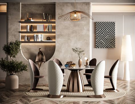 Dining Room by ..  𝐙𝐈𝐃𝐀𝐍 𝐀𝐑𝐂𝐇𝐈𝐓𝐄𝐂𝐓𝐒™  #zidanarchitects #zidan #zidaninteriors #interiordesign #dubai #design #mydubai #uae #architecture #abudhabi #luxury #interior #art #decor #homedecor #mohanadzidan #dininginteriordesigns #interiordesigner #designers #dxb Wabi Sabi Dining Room, Uae Architecture, Wabi Sabi Dining, Dubai Design, Architect Design, Interior Art, Luxury Interior, Wabi Sabi, Architects