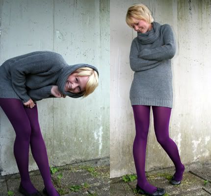 Gray sweater dress with purple tights Purple Pantyhose Outfit, Purple Tights Outfit, Colourful Tights, Coloured Tights, Gray Tights, Colored Tights Outfit, Purple Tights, Gray Sweater Dress, Blue Tights