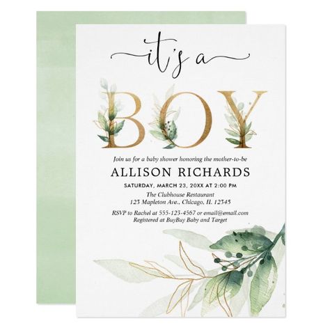 Baby Shower Invitations Boy Baby Shower Greenery Gold Leaves Modern Invitation #girlbabyshowerinvitations #babyshowerinvitations #zazzle #zazzleinvitation #virtualshower #showerbymail #drivebyshower #couplesshowerinvitations #woodlandbabyshowerinvitations #disneybabyshowerinvitations #bohobabyshowerinvitations Neutral Shower, Baby Nursery Diy, Greenery Invitation, Boy Shower Invitations, Gender Neutral Baby Shower Invitations, Diy Bebe, Twins Baby Shower, Baby Shower Gifts For Boys, Invitation Baby Shower