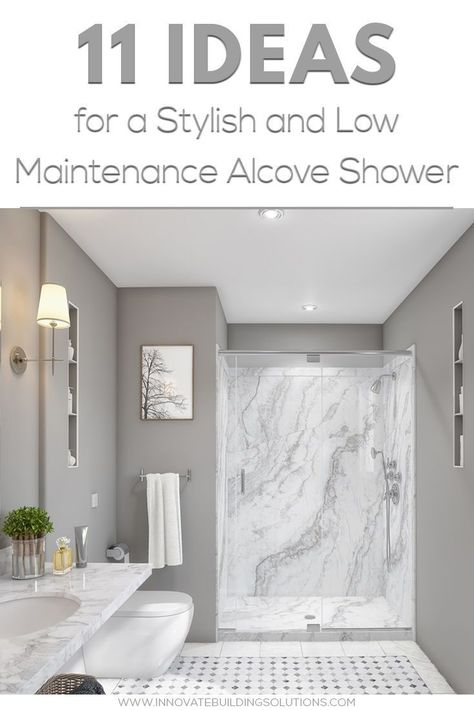 Tiled Shower Ideas With Tub Alcove, Rebath Shower Remodel, Alcove Shower Ideas Small Bathrooms, No Tub Shower Ideas, Non Tiled Showers, All In One Shower Unit, One Piece Shower Unit Master Bath, One Piece Shower Stall Walk In, Fiberglass Walk In Shower Ideas