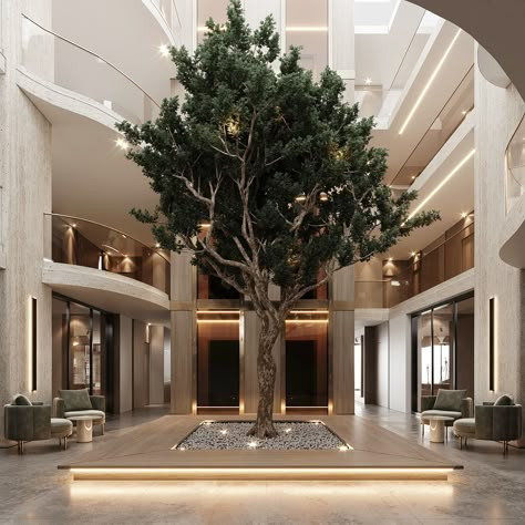 LUXURIOUS on Behance Resort Reception Lobby, Minimal Patio, Luxury Lobby, Hotel Lobby Reception, Atrium Ideas, Luxury Houses Entrance, Atrium Design, Modern Fountain, Lobby Interior Design