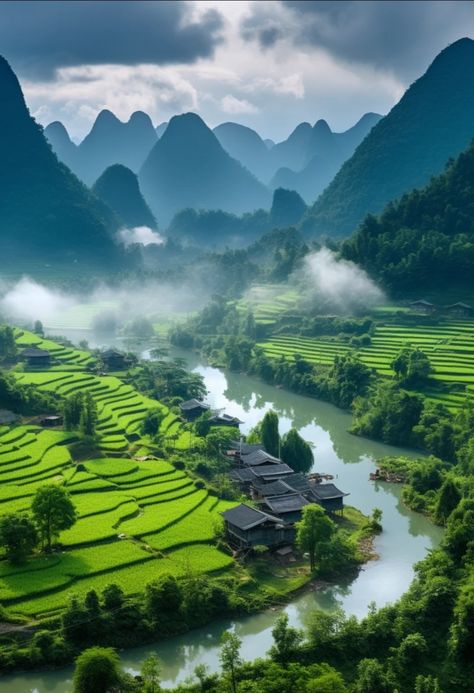 China Countryside, Japanese Countryside, Devi Images Hd, Green Moon, Rice Fields, Nature View, Countries Around The World, God Illustrations, Environment Design