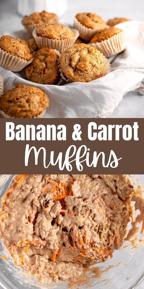 These banana carrot muffins are a healthy treat that is perfect for a weekday breakfast or a midday snack. They are light, fluffy and moist and taste like a cross between banana bread and carrot cake. Gluten Free Carrot Muffins, Apple Carrot Muffins, Carrot Muffin Recipe, Banana Carrot Muffins, Carrot Muffins, Apple Muffins, Healthy Apple, Healthy Muffins, Breakfast Muffins